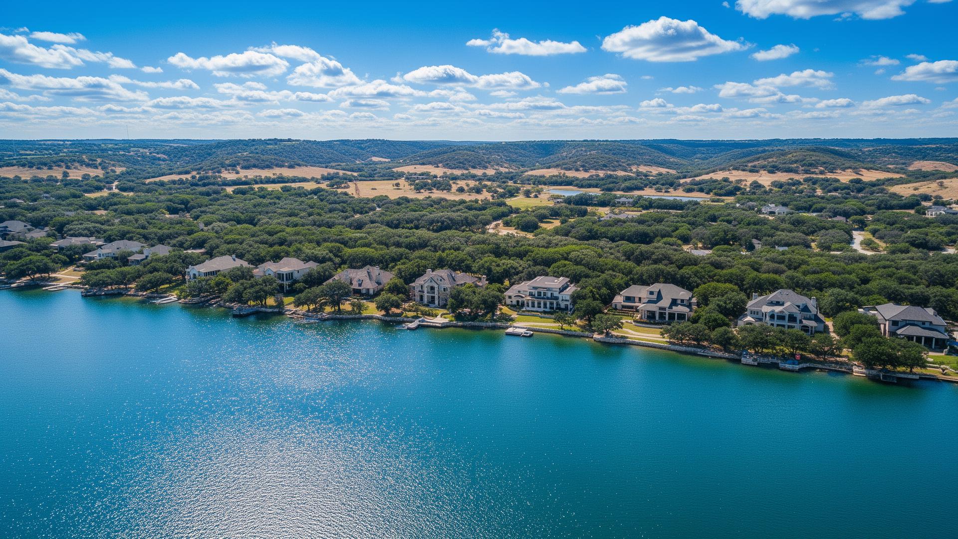 Lake Granbury with luxury homes and Texas Hill Country in Hood County