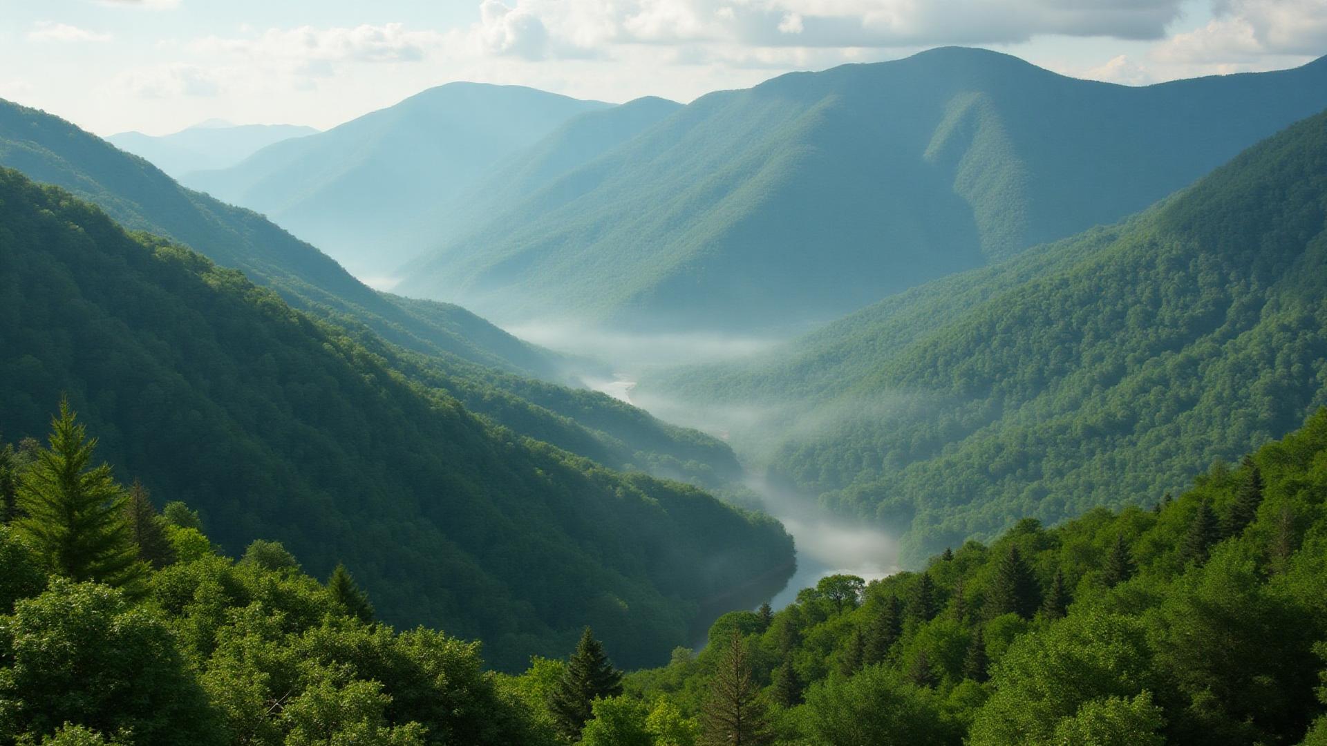 Great Smoky Mountains panorama in Jackson County North Carolina with morning mist