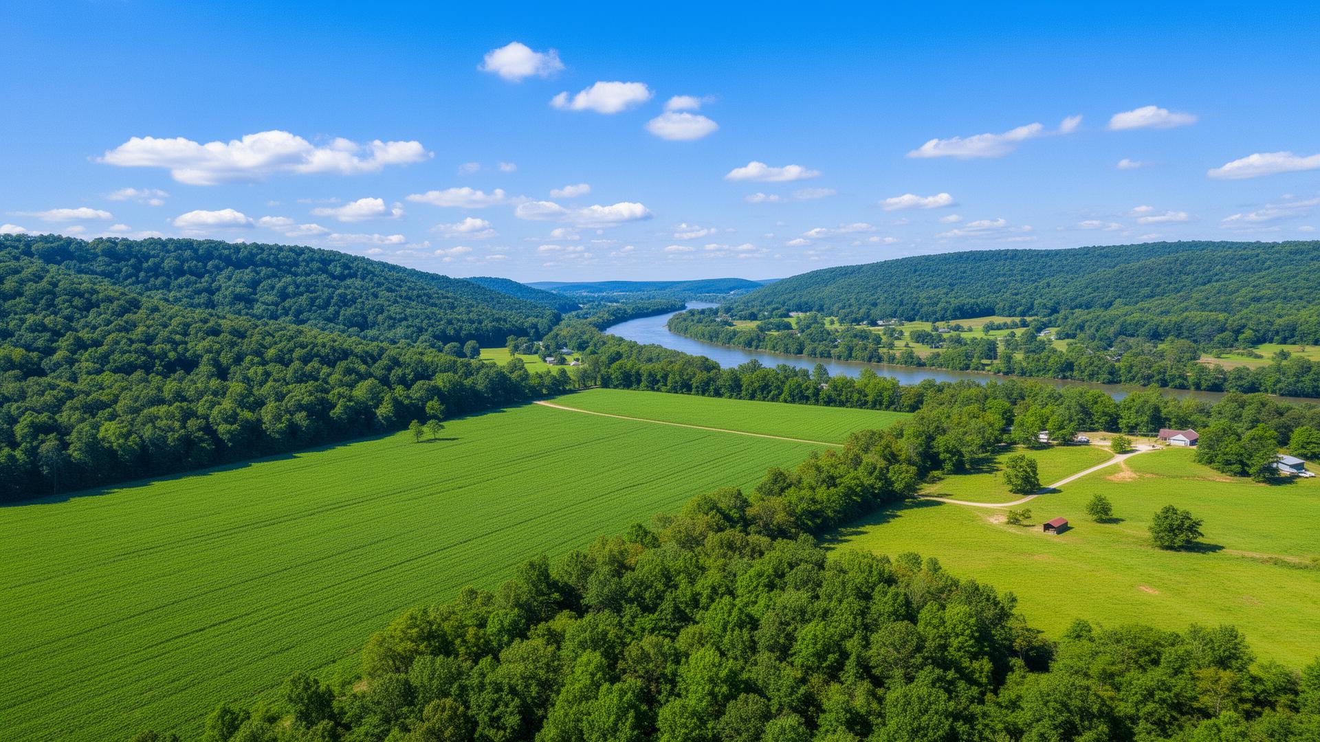 Beautiful farmland and Tennessee River valley in Jackson County, Alabama