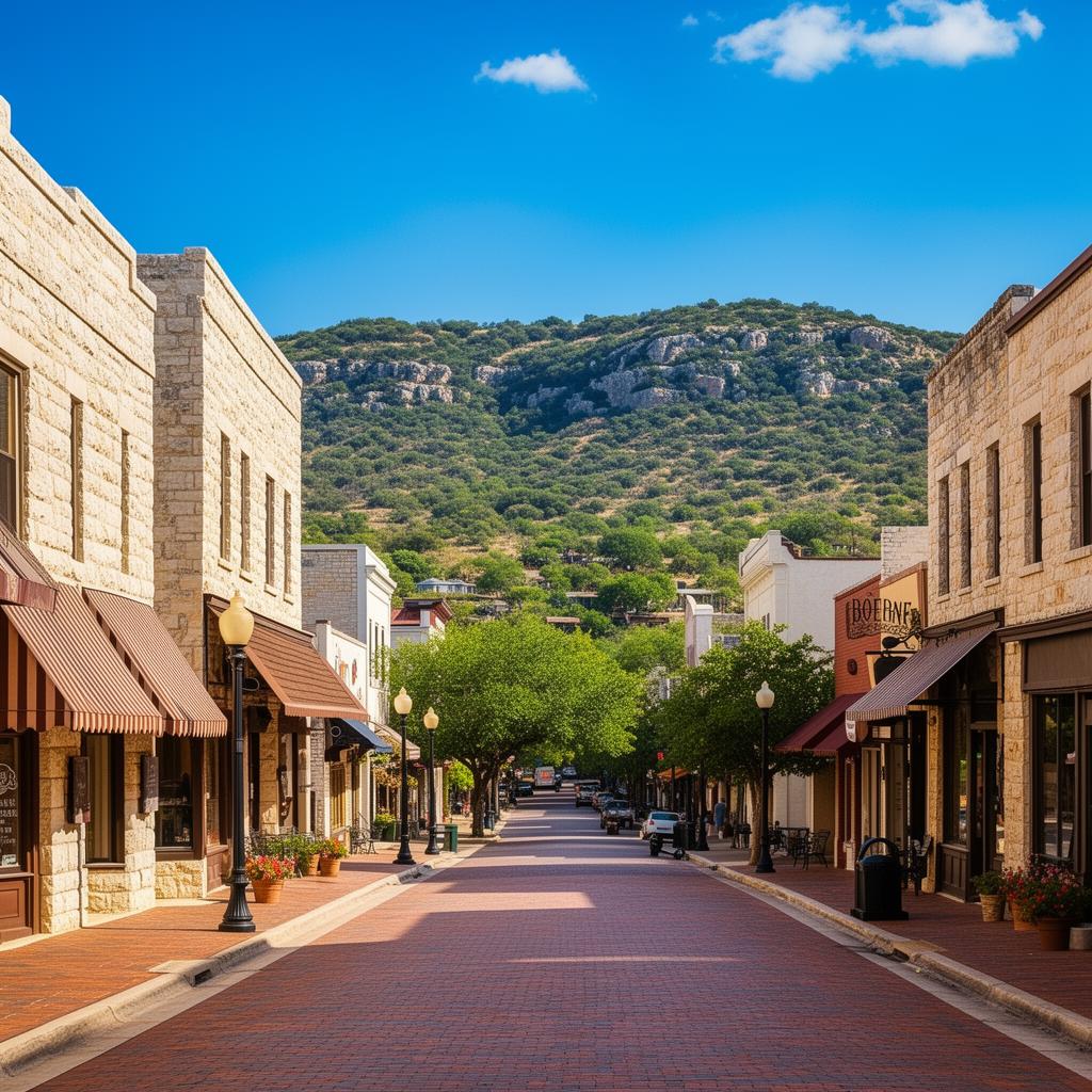 Historic downtown Boerne Texas with Hill Country backdrop