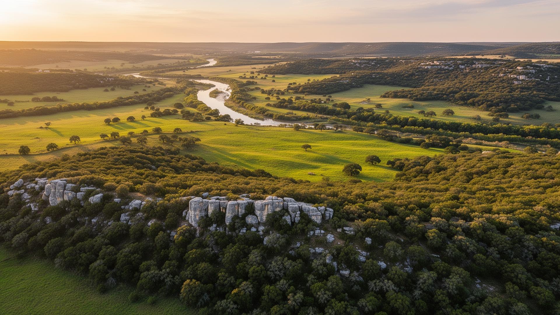 Kendall County Texas Hill Country landscape with limestone hills and river