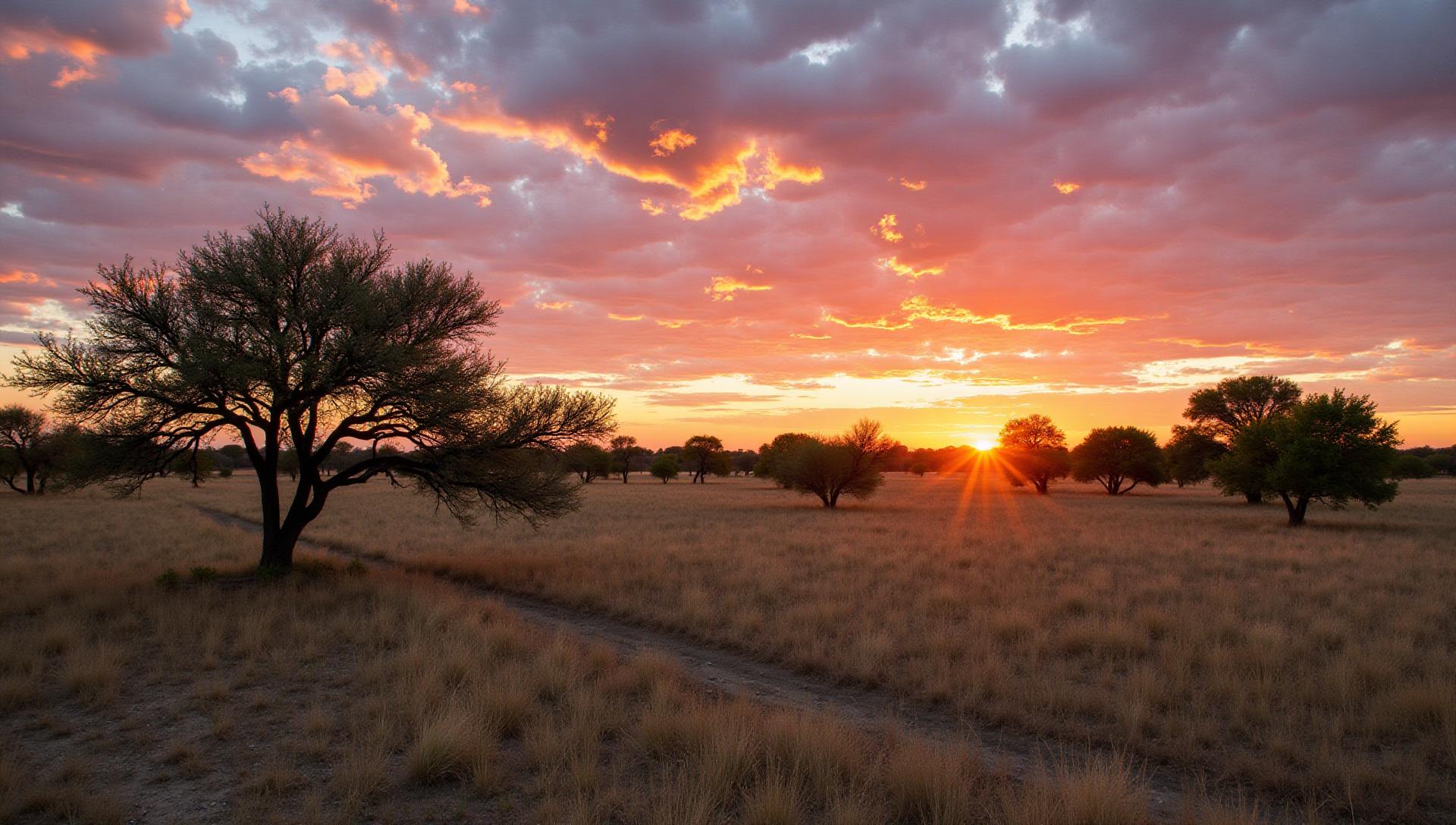 Beautiful Texas ranch land at sunset with mesquite trees and native grasses