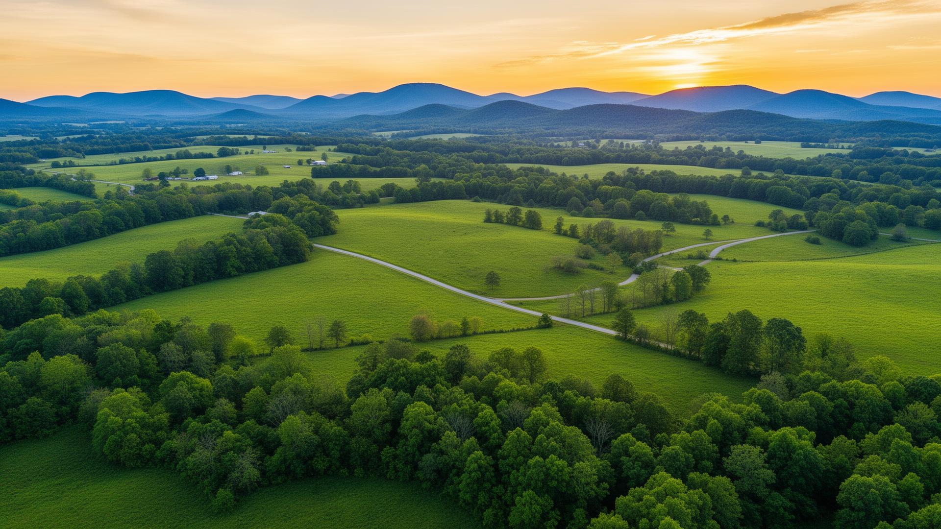 Rolling farmland and pastures in Lawrence County, Tennessee