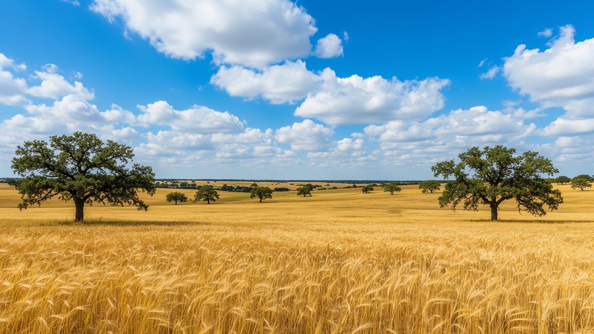 Golden wheat fields and oak trees in Lincoln County, Oklahoma prairie