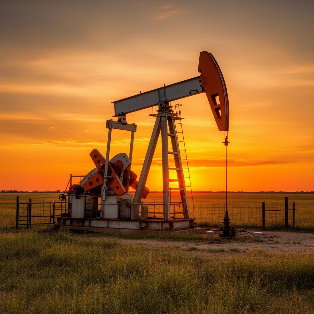 Oil pumpjack at sunset in Lincoln County, Oklahoma