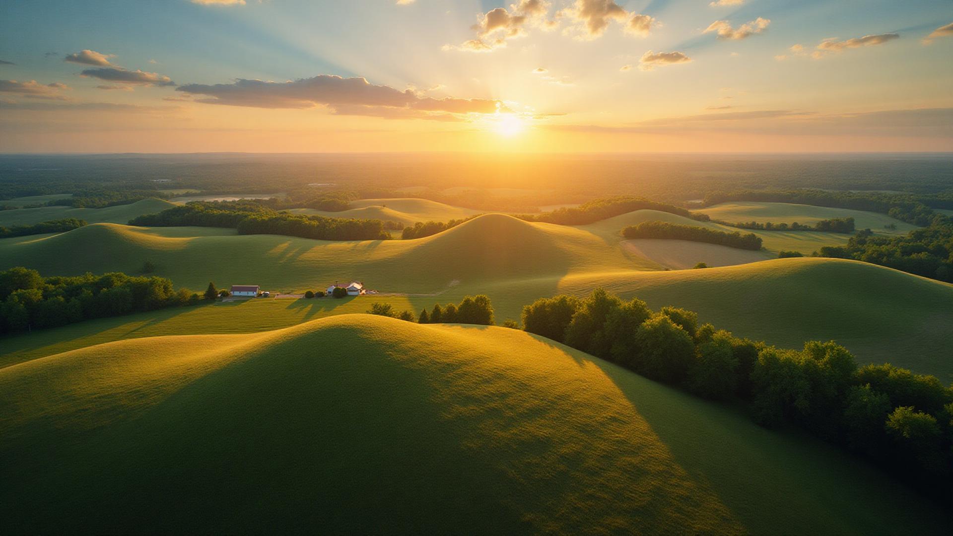 Aerial view of diverse American farmland and rolling hills showing land for sale across multiple states