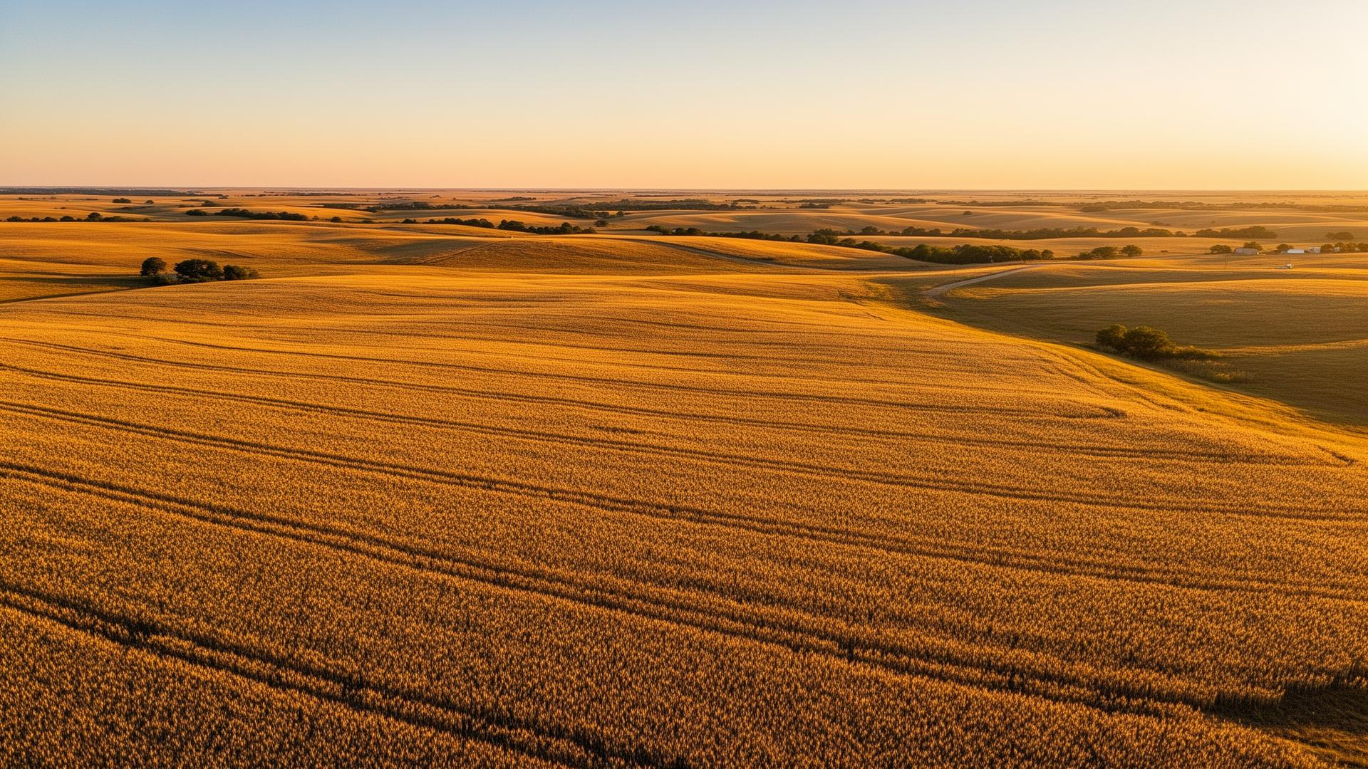 Golden wheat fields in McClain County Oklahoma at sunset