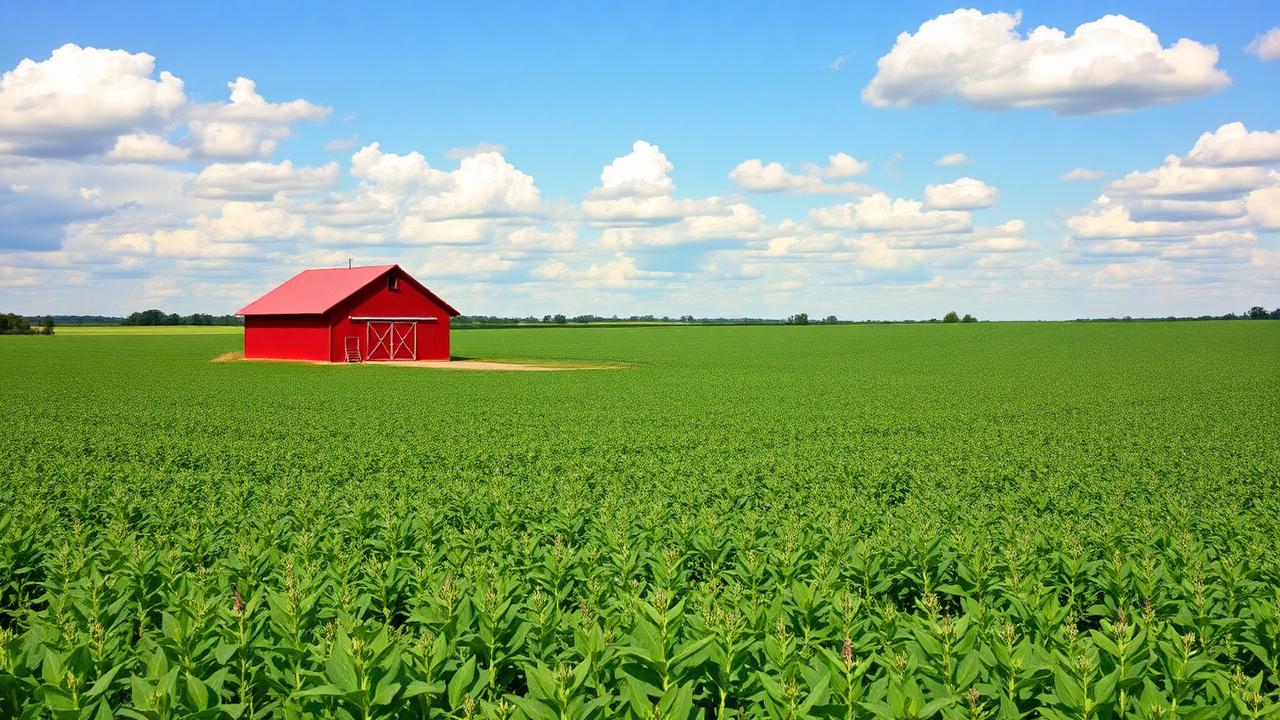 Missouri farmland with red barn and soybean fields under blue sky