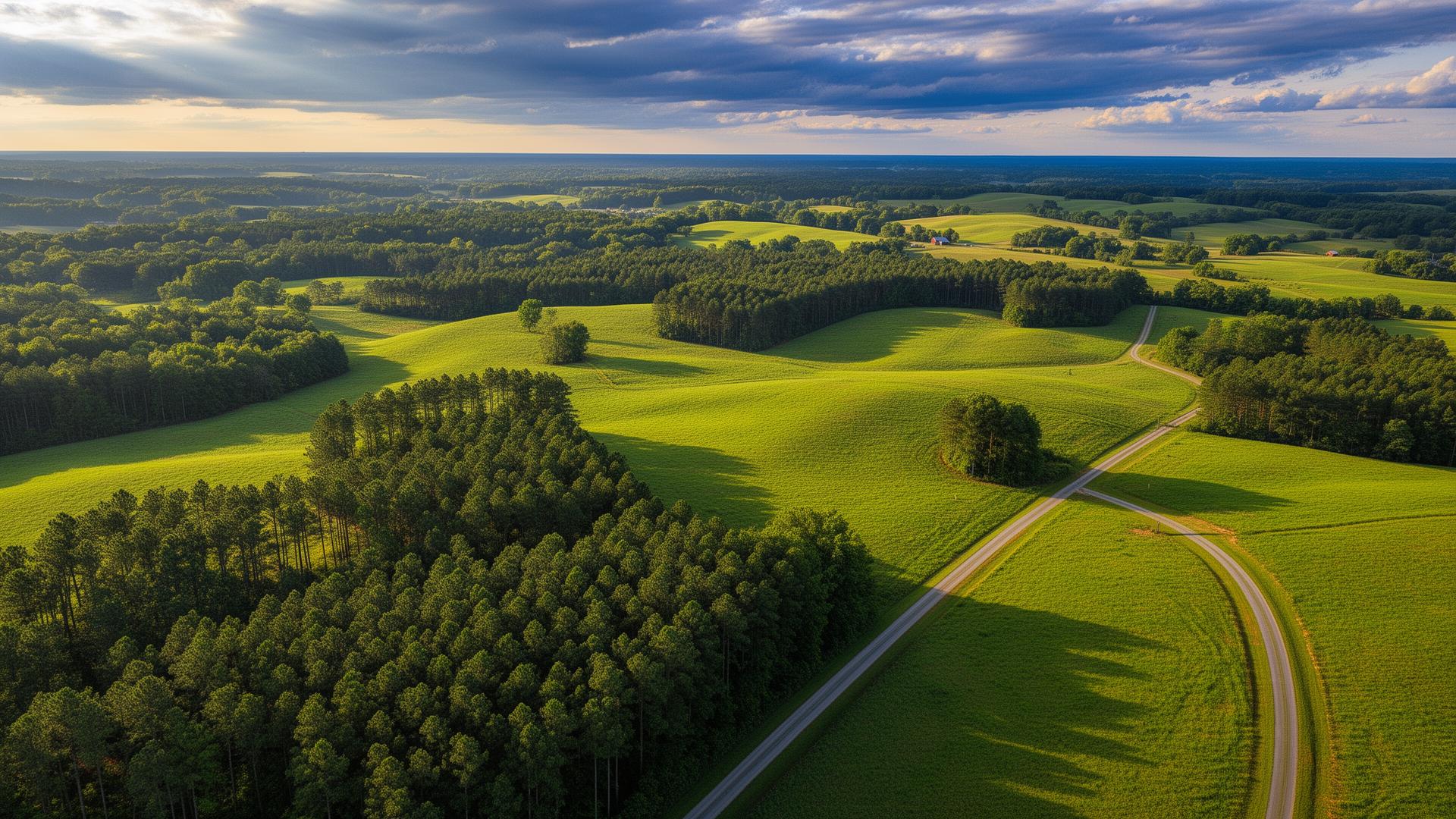 Beautiful rolling farmland and pine forests in Monroe County, Georgia