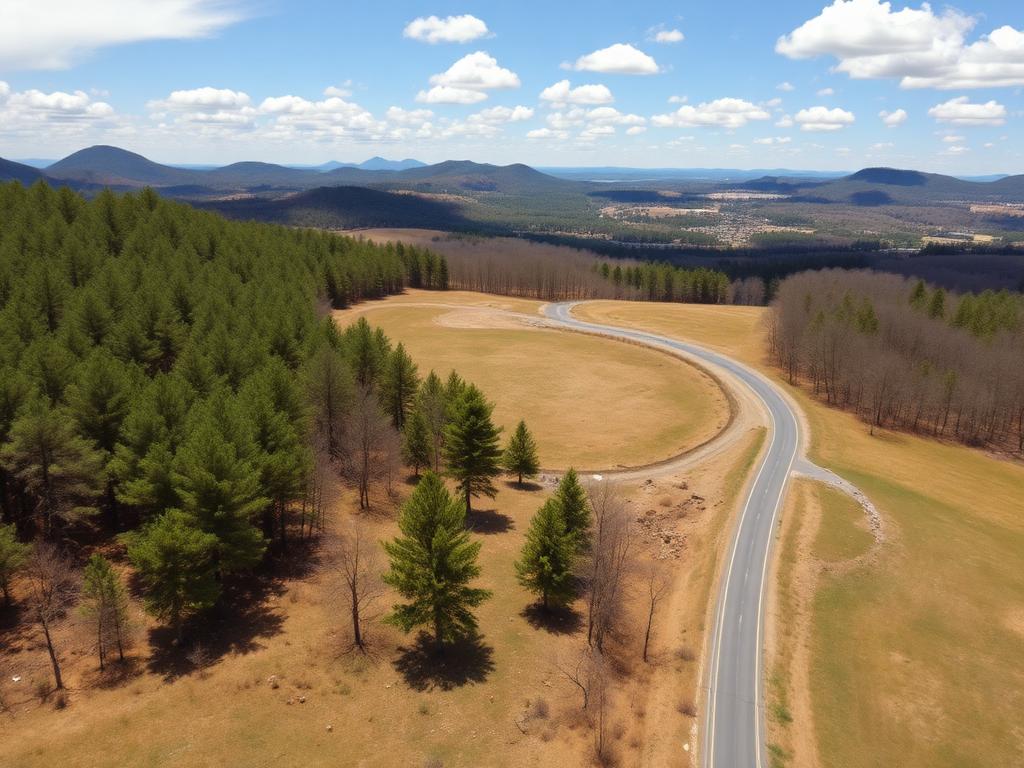 Aerial view of North Carolina rural land with rolling hills and pine forests