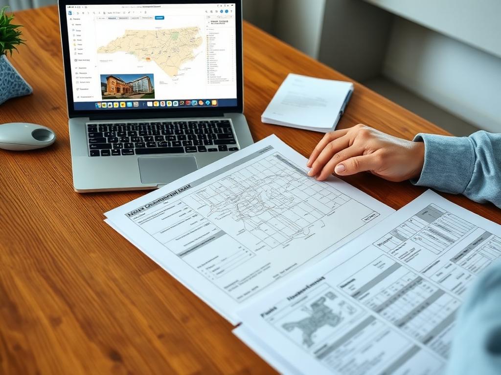 Land sale paperwork and documents on desk with laptop showing property information
