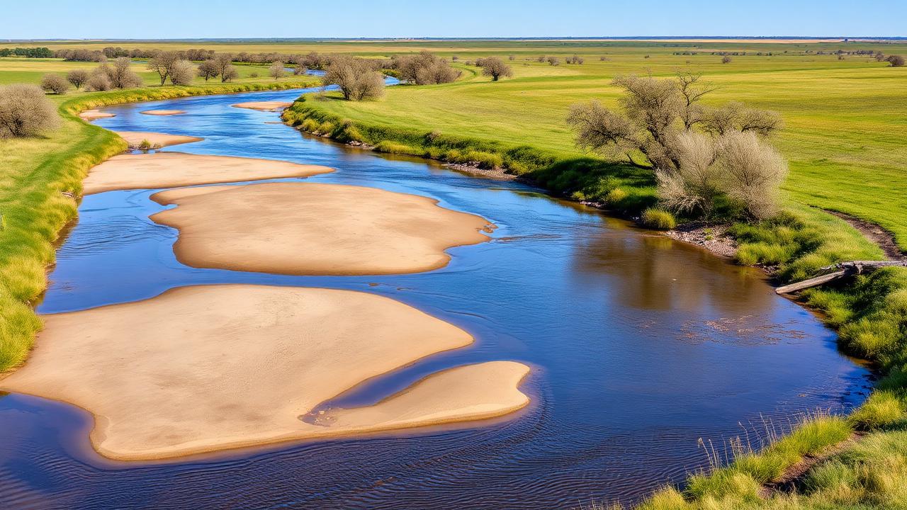 Scenic Nebraska Platte River valley with sandbars and cottonwood trees along lush green prairie