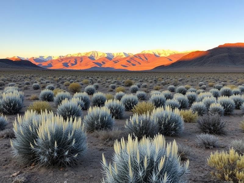 Nevada high desert ranch land with sagebrush and snow-capped mountains at golden hour