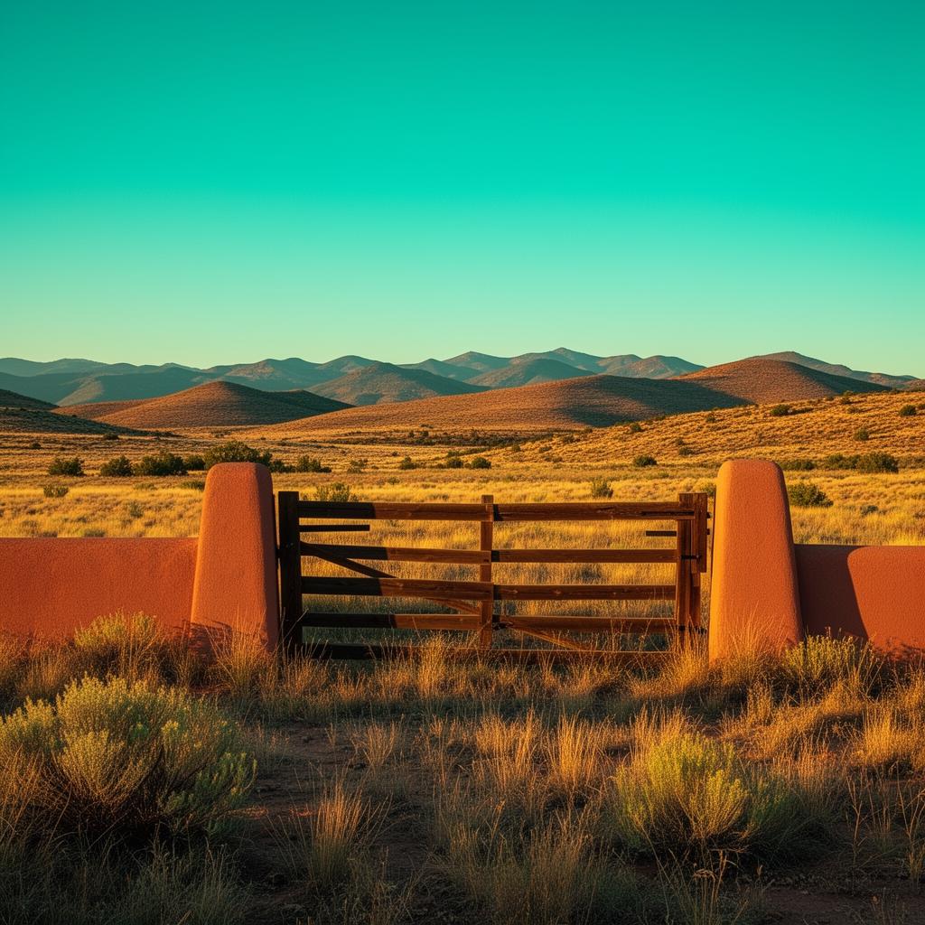 New Mexico ranch gate with adobe posts and wooden fence leading to grassland with distant mountains