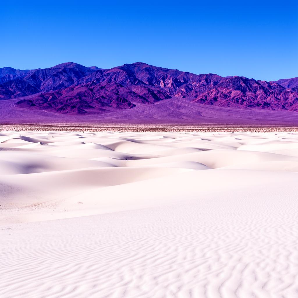 White Sands National Park New Mexico with white gypsum dunes and purple mountains in the distance