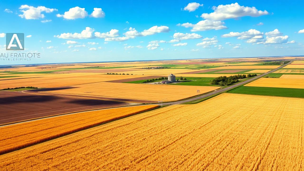 Vast North Dakota wheat fields stretching to the horizon with grain elevator