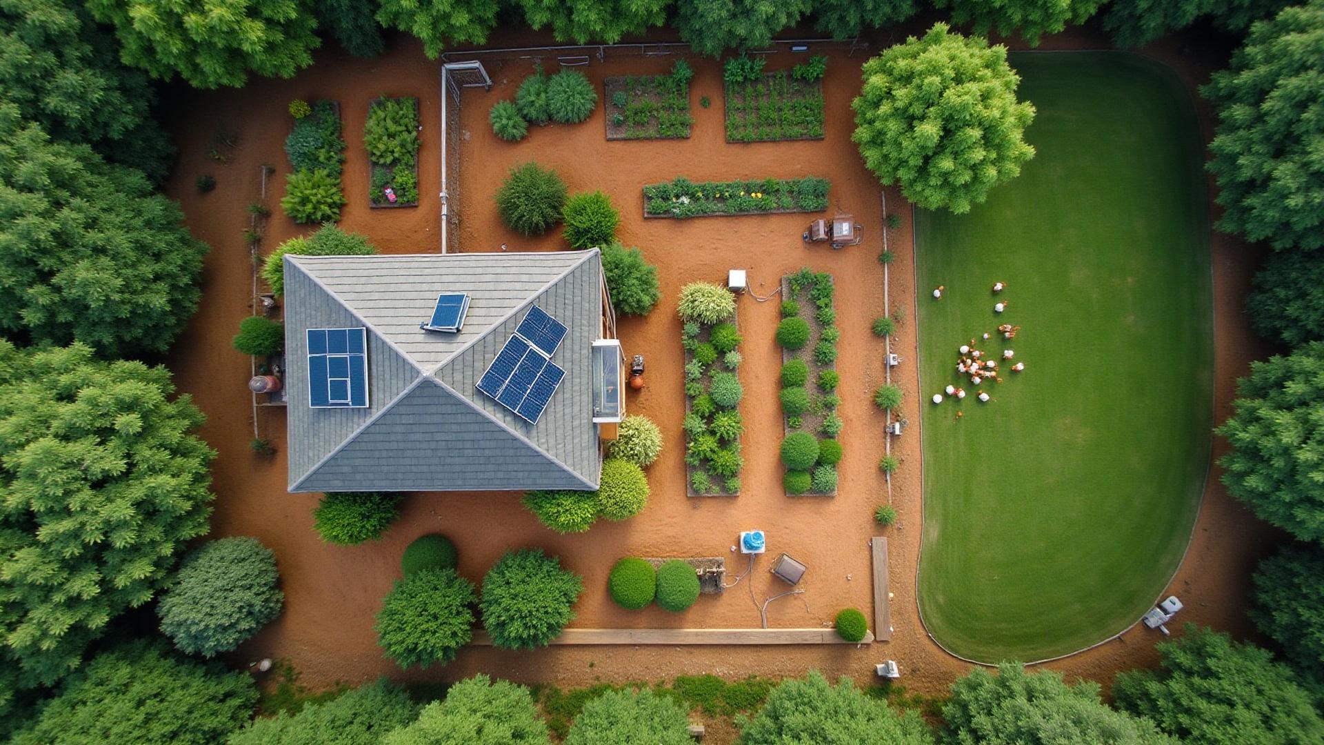Aerial view of thriving 1-acre homestead with gardens, solar panels, and sustainable systems