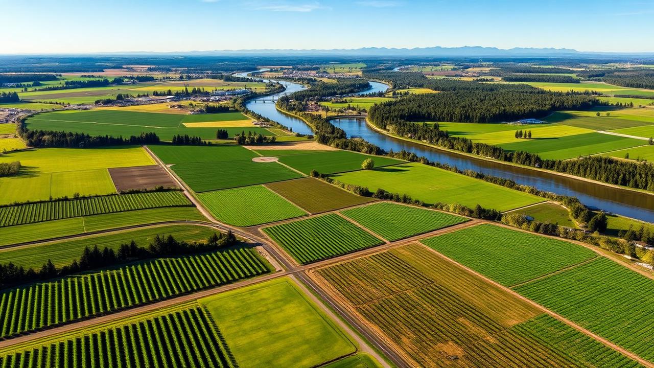 Oregon Willamette Valley farmland with lush green fields and river