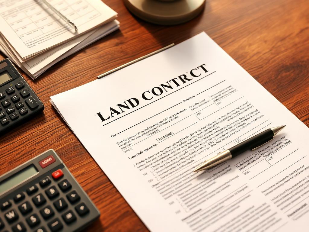 Land contract document with pen and calculator representing owner financing