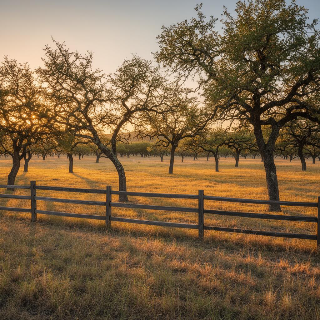 Texas ranch land with oak trees at sunset in Parker County