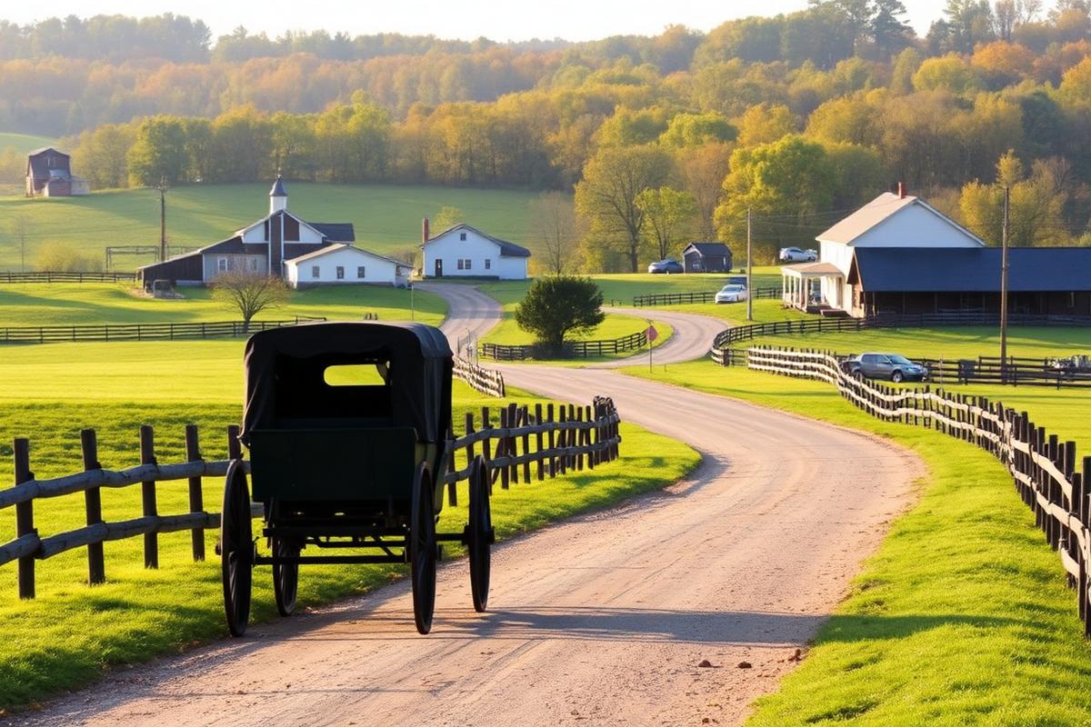 Pennsylvania Amish country landscape with horse-drawn buggy, green pastures and white farmhouses in Lancaster County