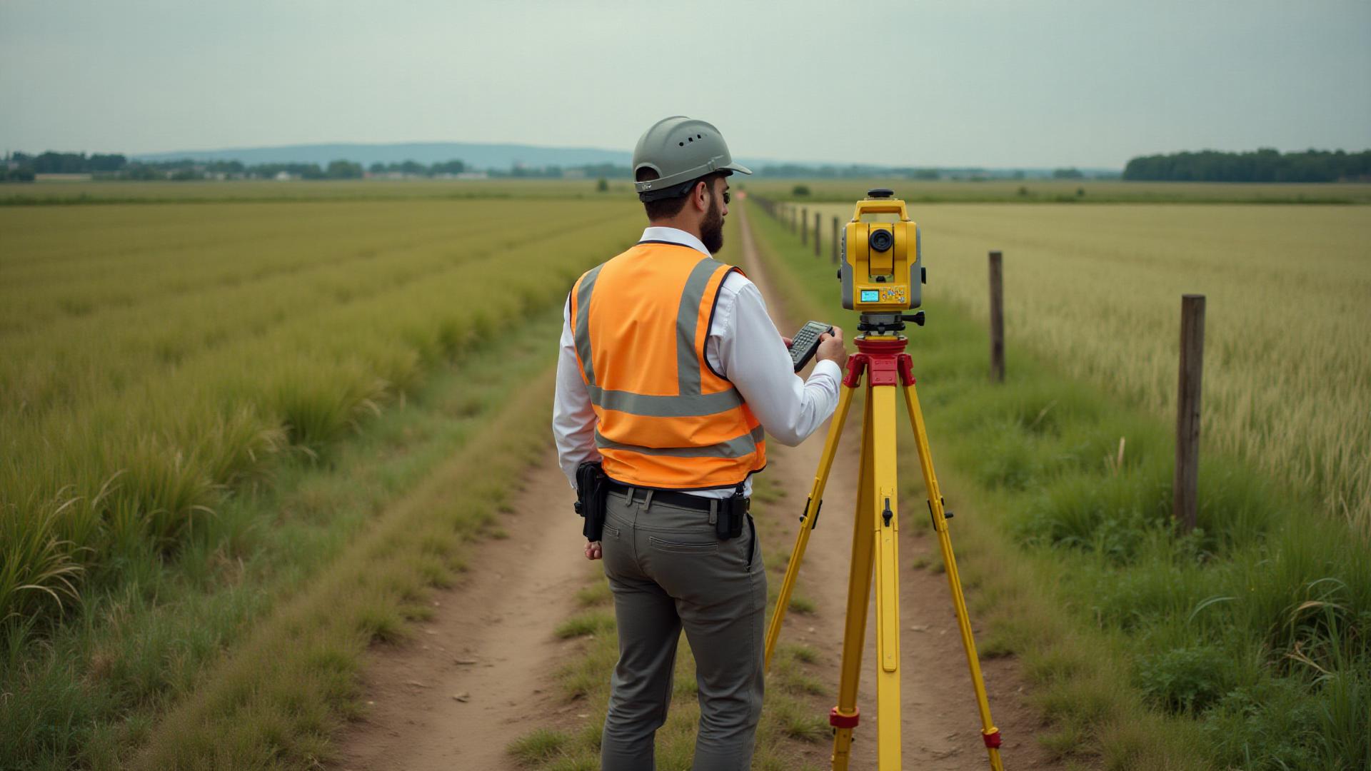Professional surveyor using theodolite equipment to measure property boundaries