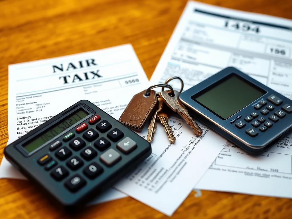 Calculator, house keys, and property tax documents on desk
