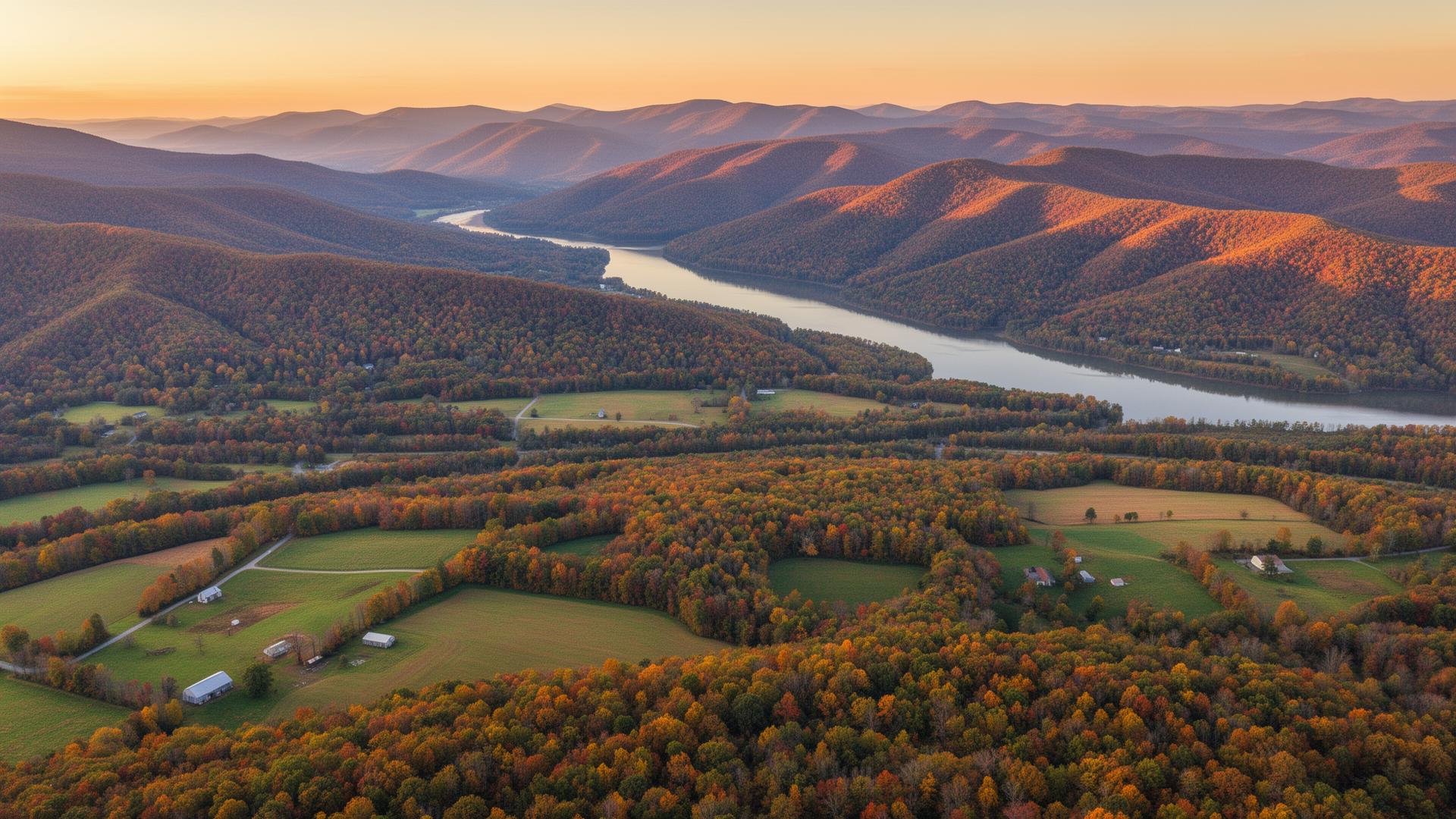 Aerial view of Pulaski County Virginia New River Valley with Appalachian mountains and Claytor Lake