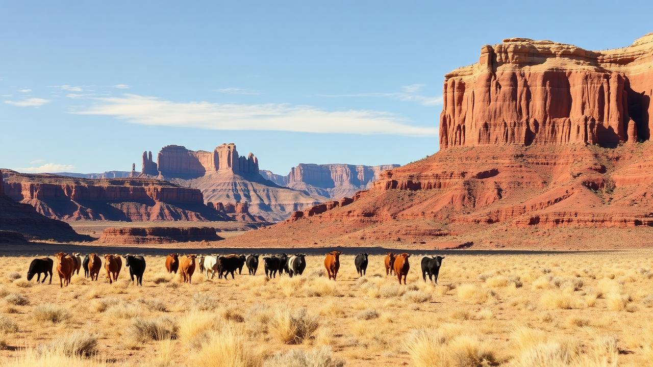 Cattle grazing on Rawhide Canyon Ranch with dramatic red rock formations