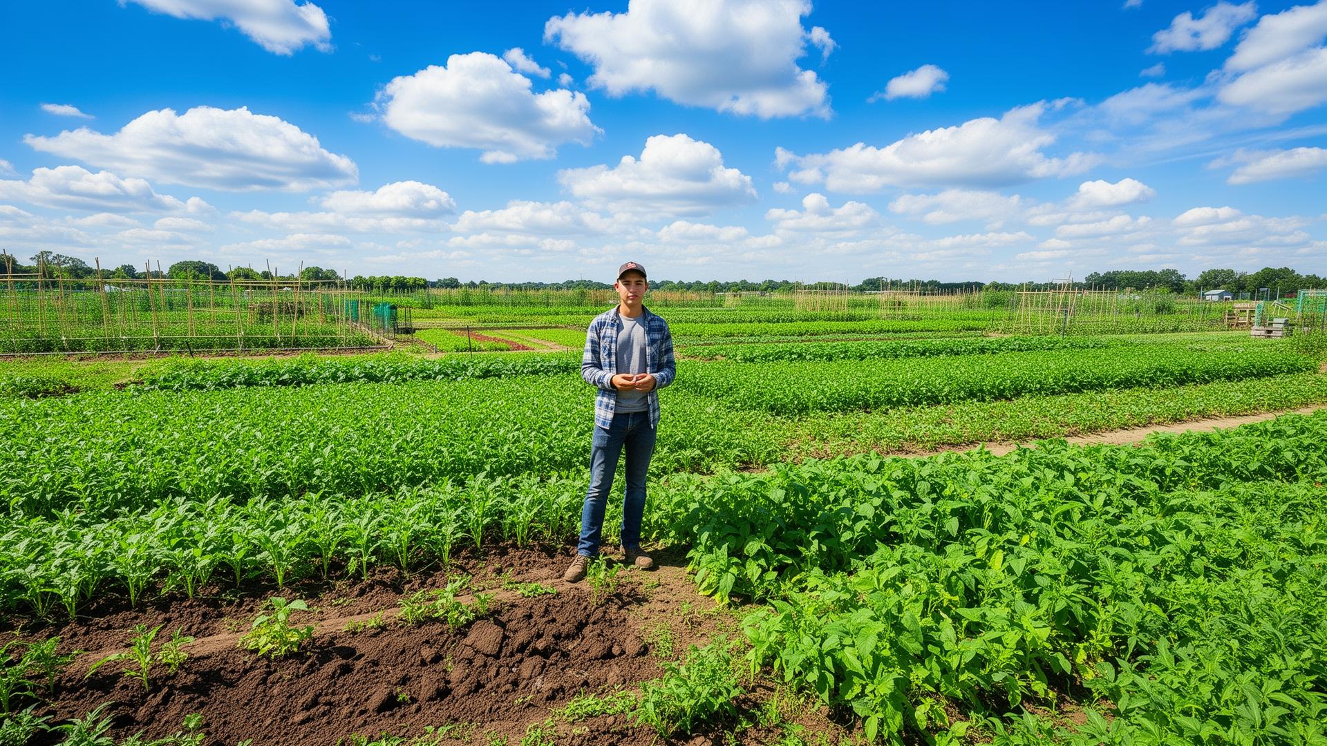 Young farmer practicing regenerative agriculture in diverse crop field
