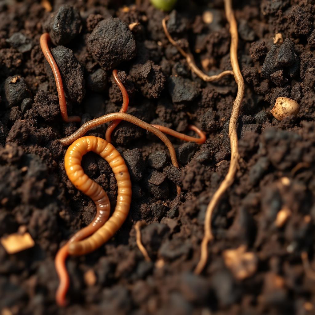 Healthy regenerative farming soil with earthworms and root systems