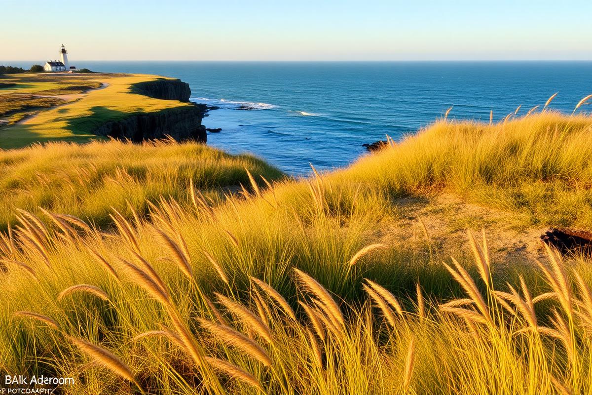 Block Island Rhode Island dramatic coastal bluffs with lighthouse and tall grass overlooking the Atlantic Ocean