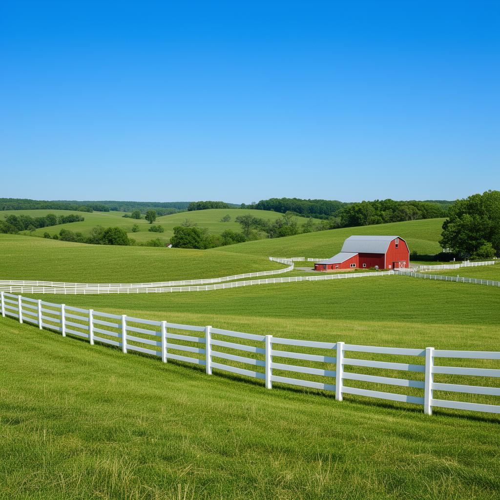 Virginia farmland with white fence and red barn in Richmond County