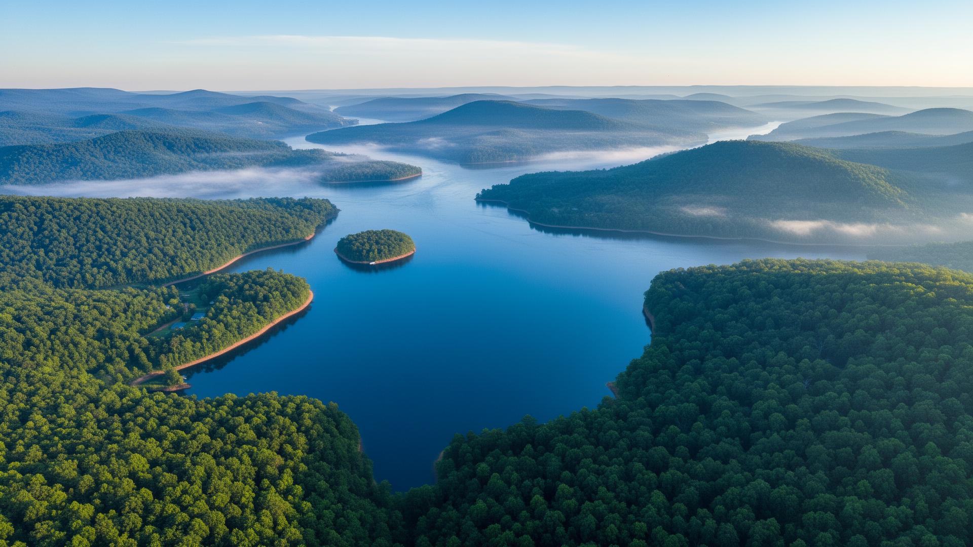 Watts Bar Lake surrounded by forested hills in Roane County, Tennessee