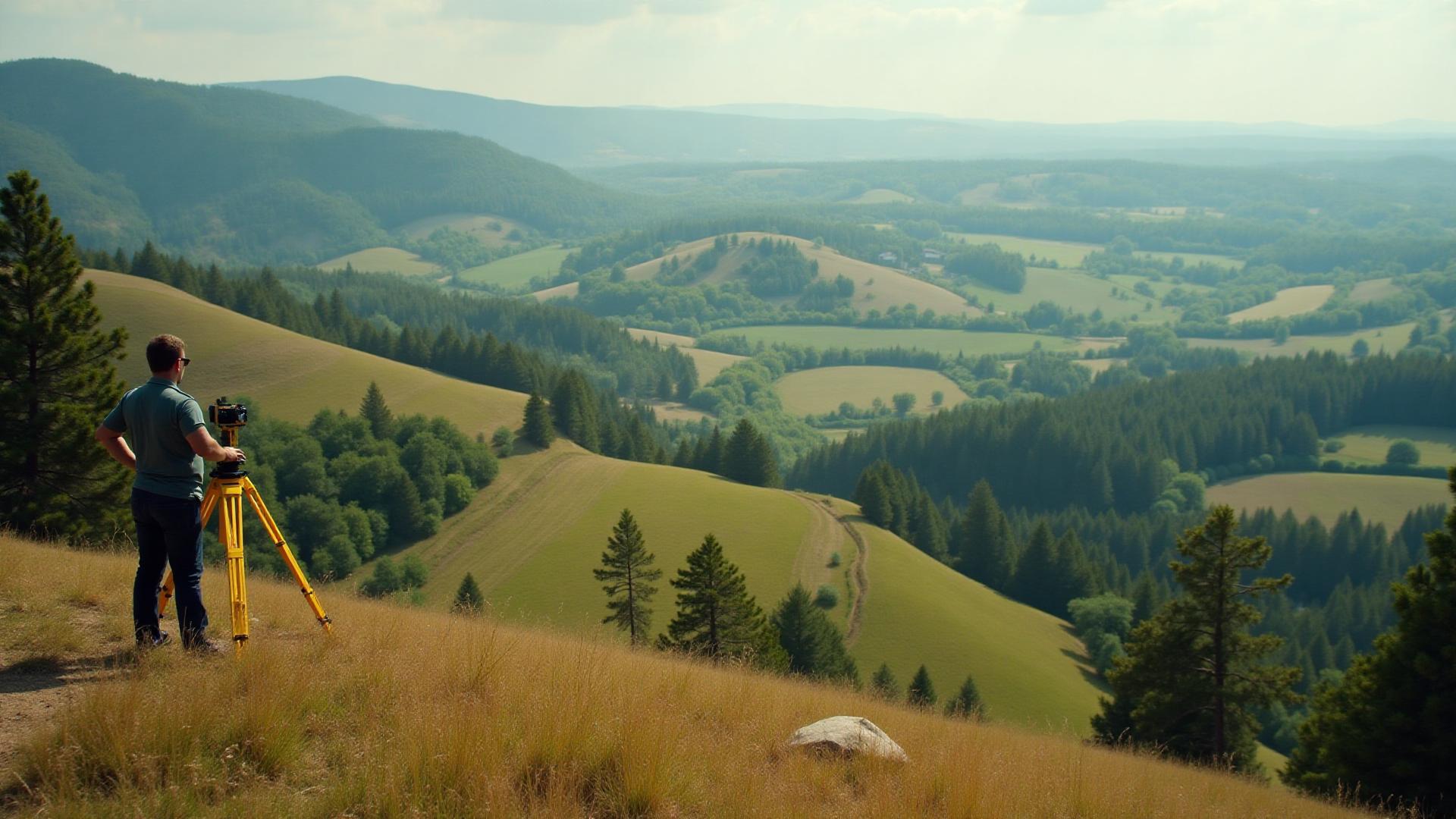 Professional surveyor evaluating raw land with surveying equipment overlooking rolling hills