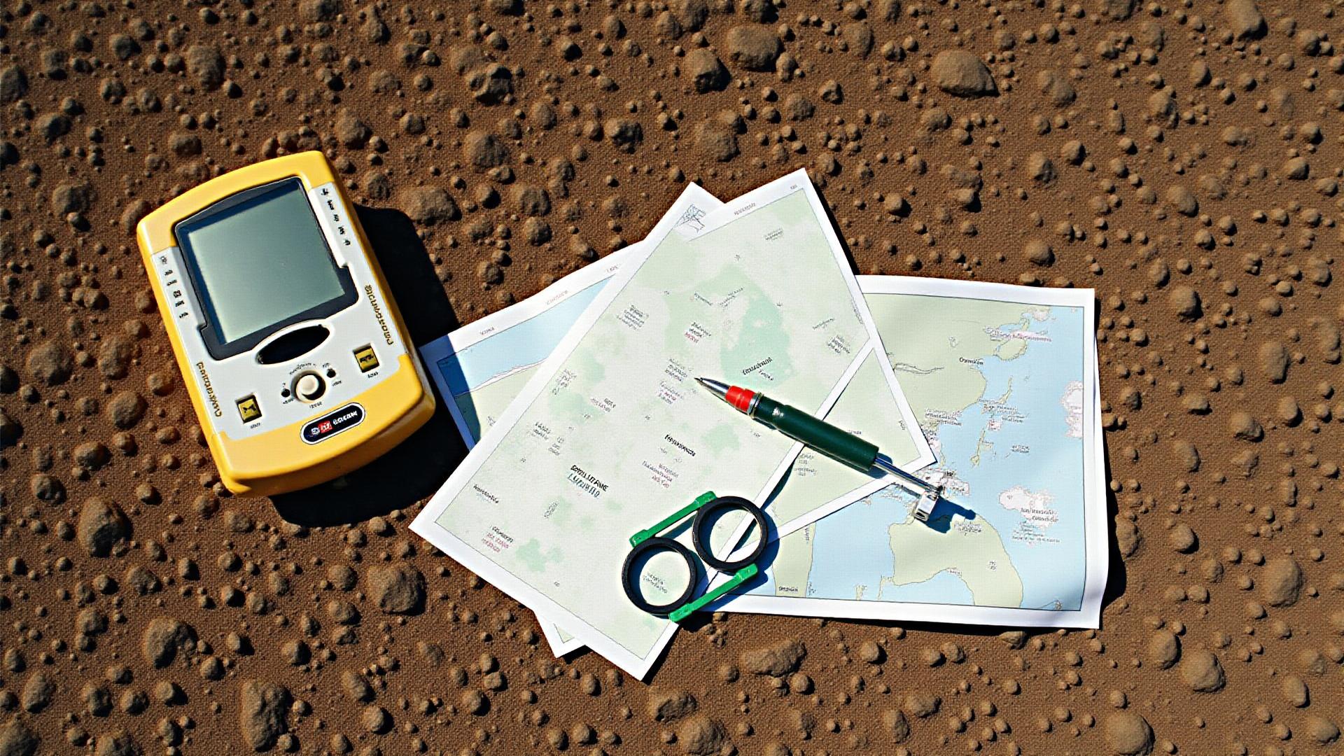 Topographical maps and surveying tools laid out for land evaluation and research