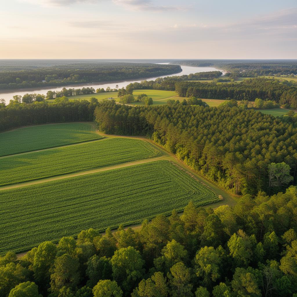 Aerial view of Russell County Alabama farmland and Chattahoochee River
