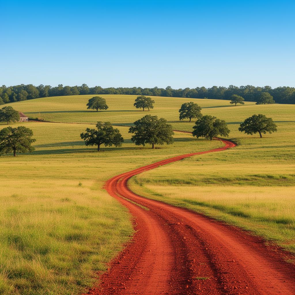 Rural pasture land with red dirt road in Russell County