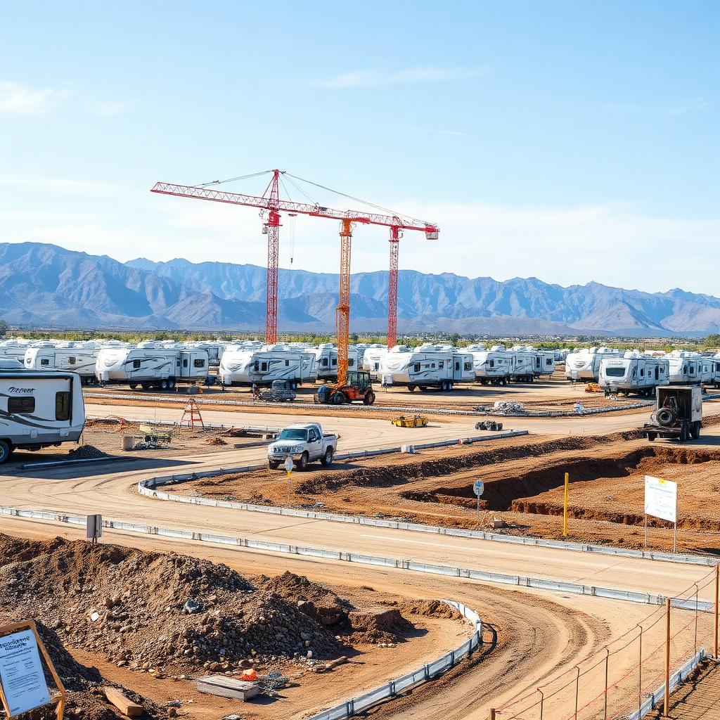 RV park under construction showing infrastructure development and grading work