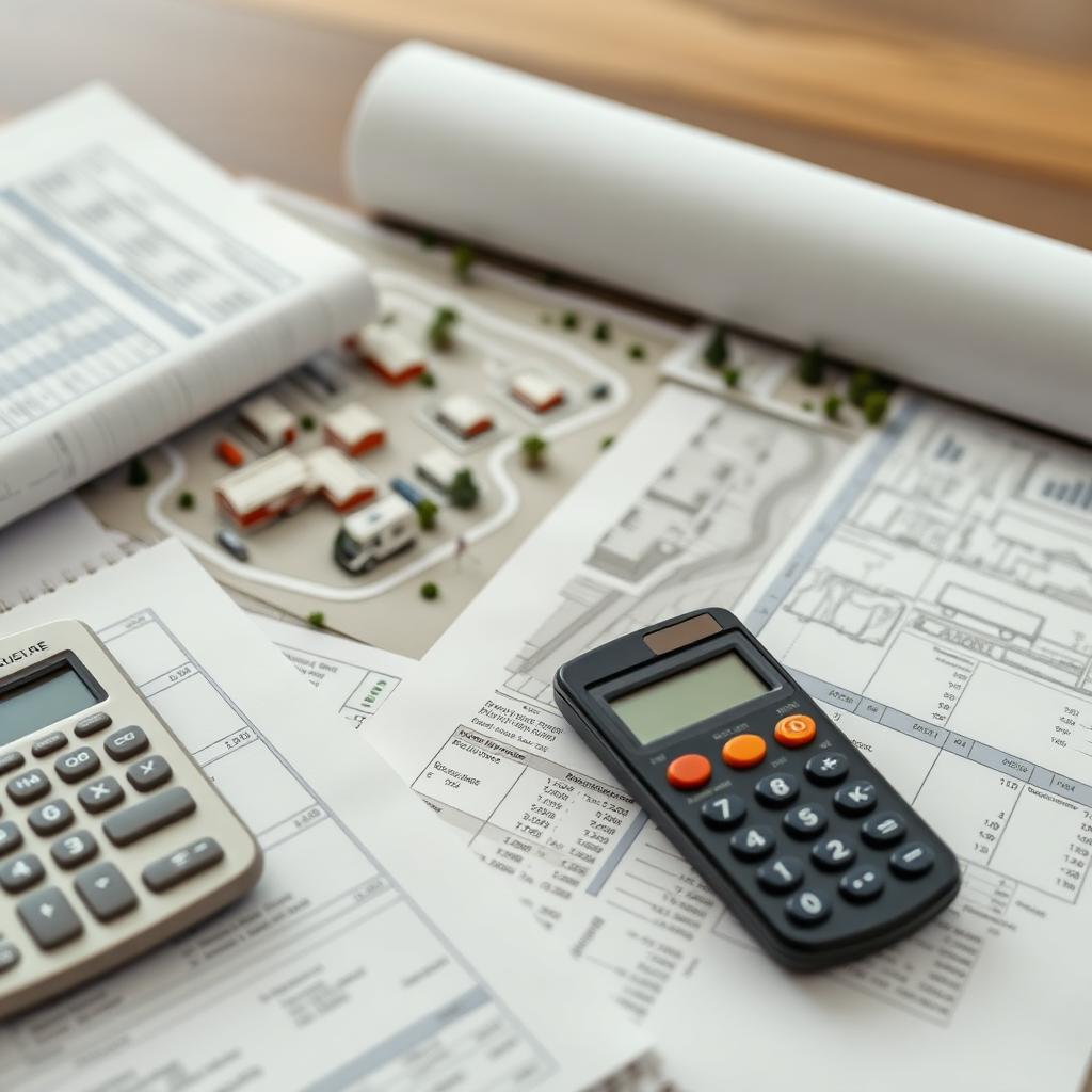 Financial planning documents and blueprints for RV park development project