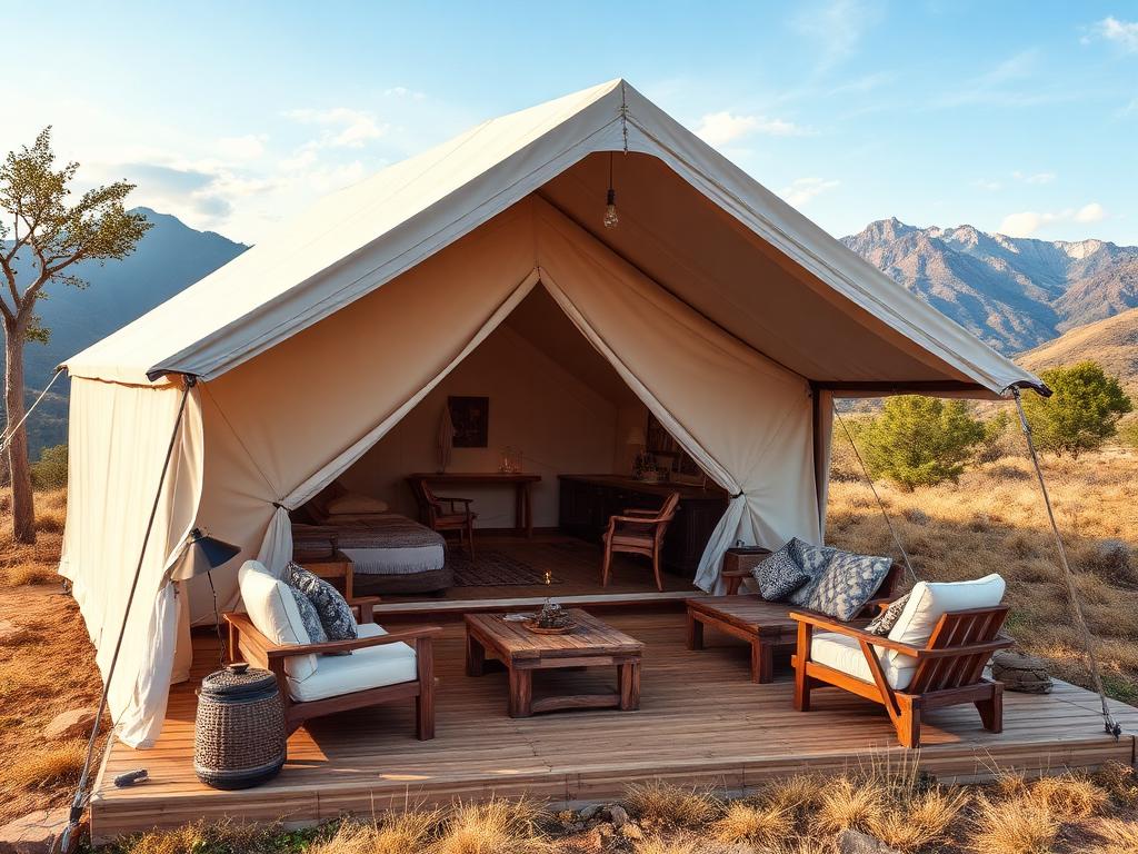 Luxury safari tent with wooden deck and mountain vista in off-grid wilderness setting