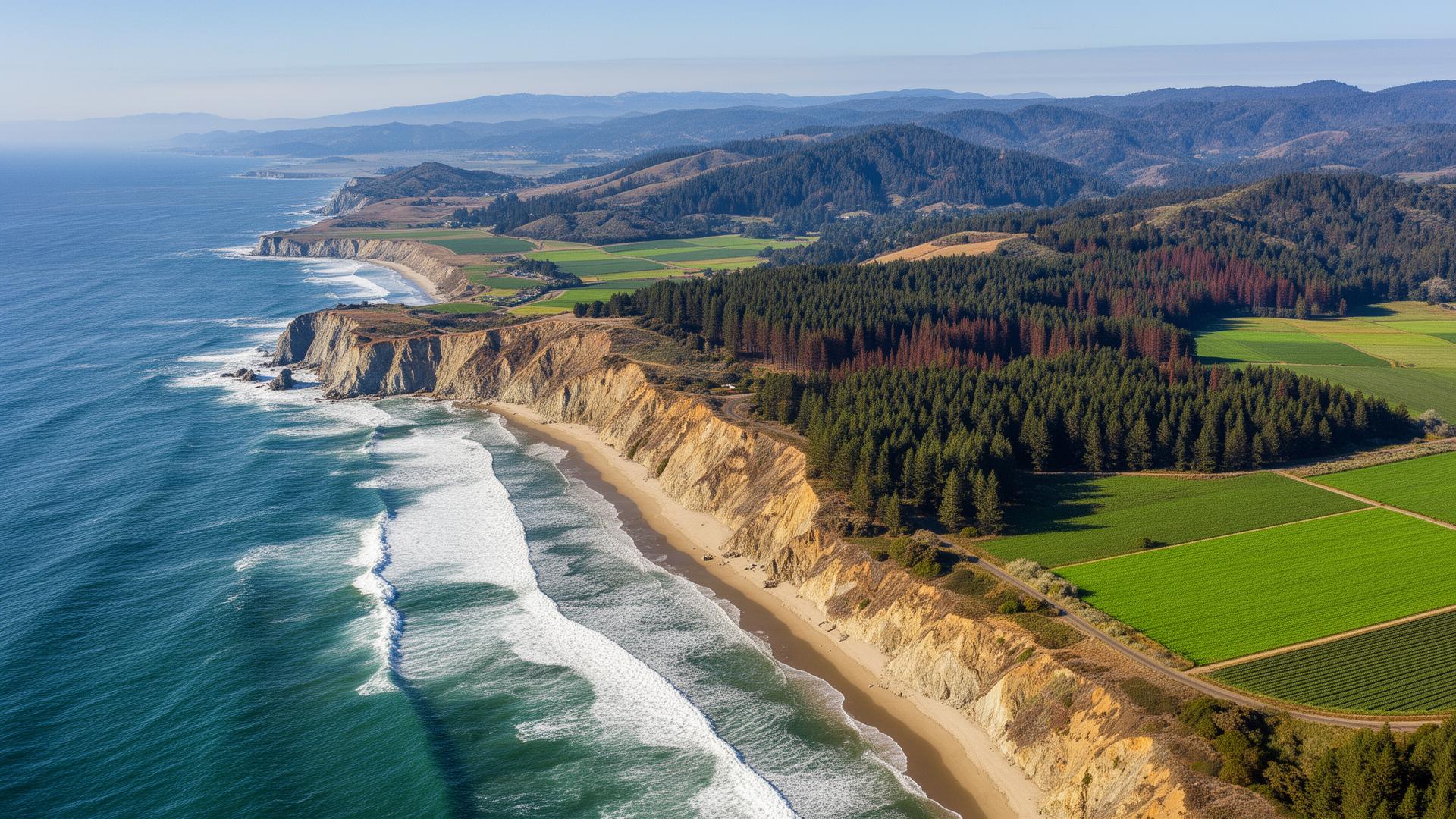 Santa Cruz County California coastline with redwoods and farmland