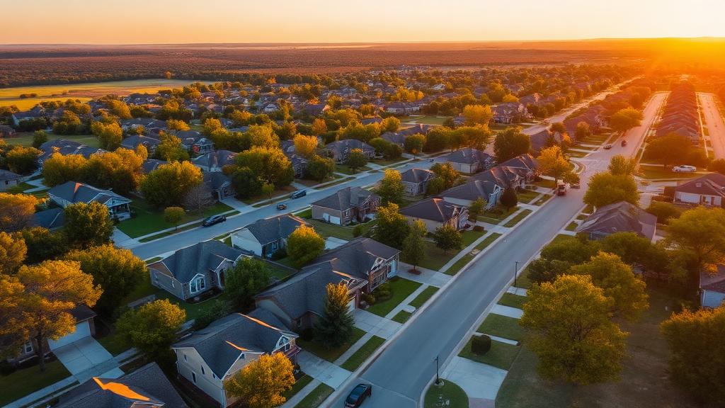 Aerial view of Schertz Texas neighborhood with family homes and tree-lined streets at golden hour