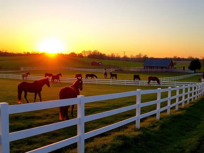 Kentucky horse farm at sunset with thoroughbred horses
