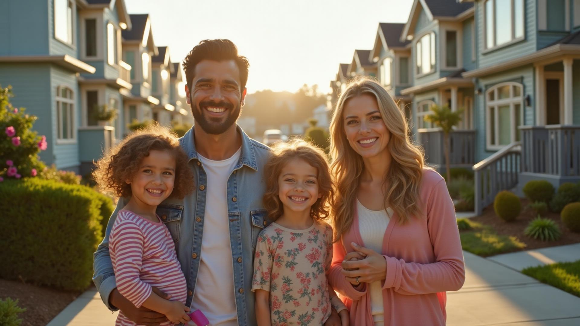 Diverse families standing in front of modern townhouses in San Francisco