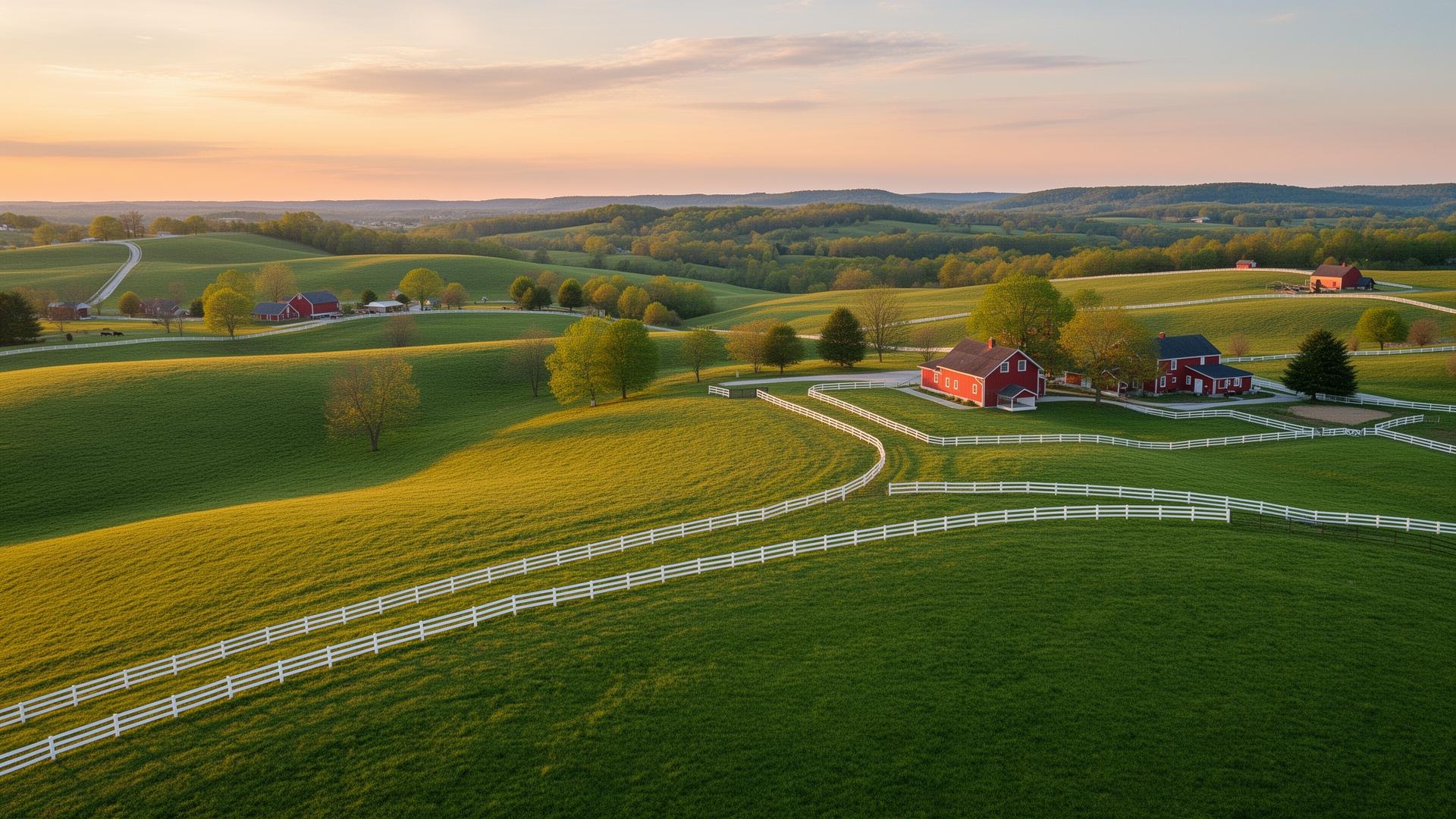 Shelby County Kentucky rolling bluegrass hills with white horse fences