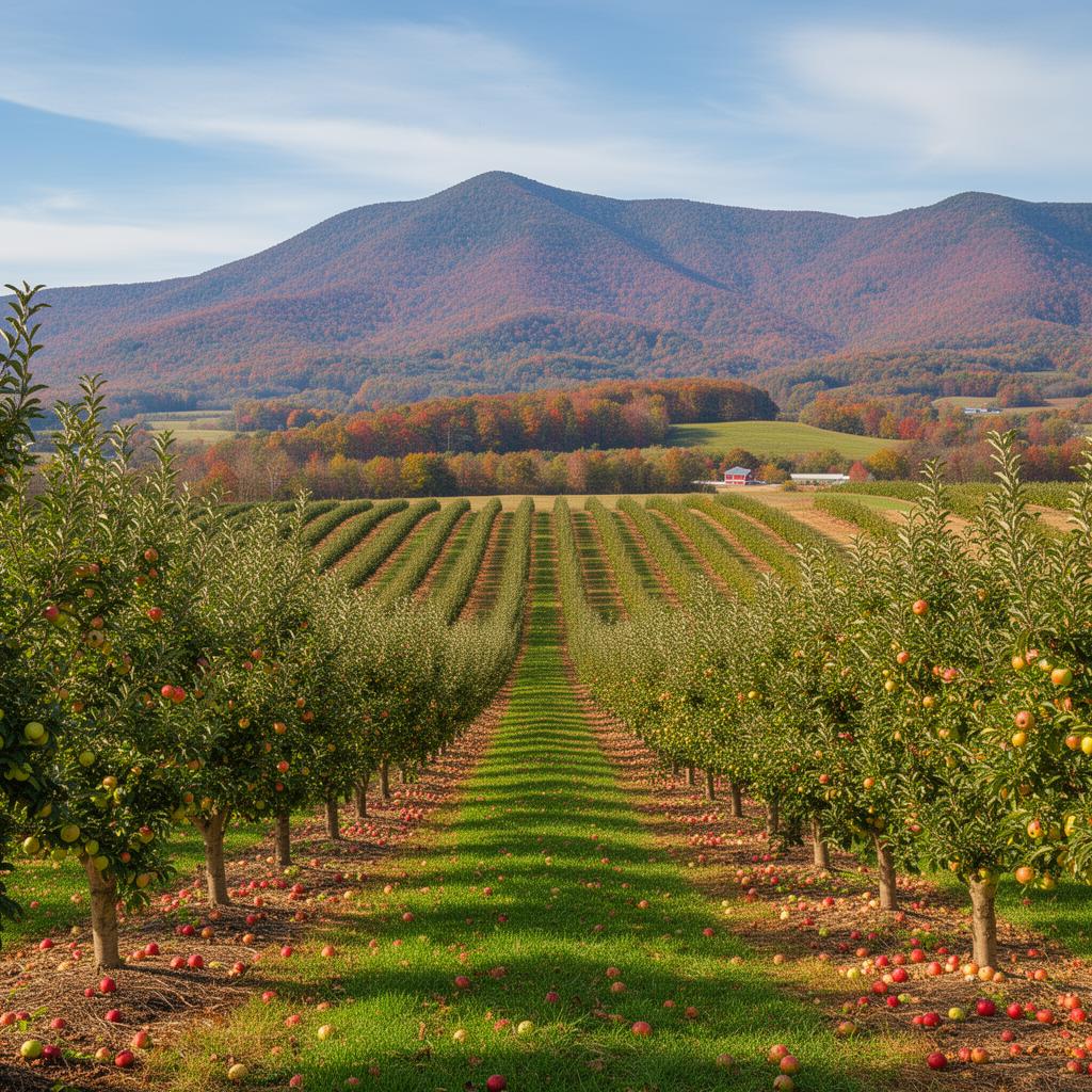 Apple orchards in Shenandoah County Virginia with mountain backdrop