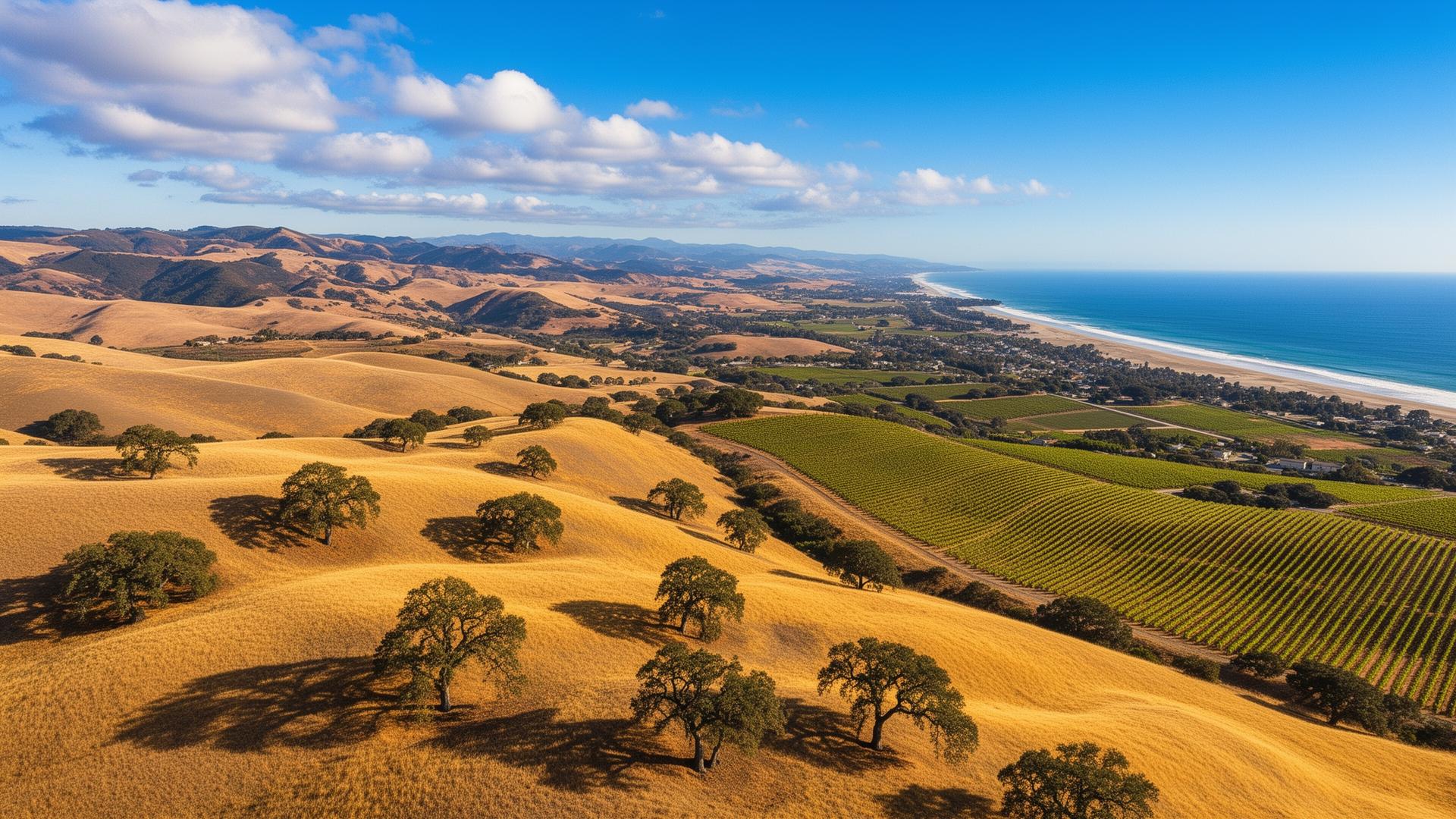 San Luis Obispo County California rolling hills vineyards and Pacific coastline