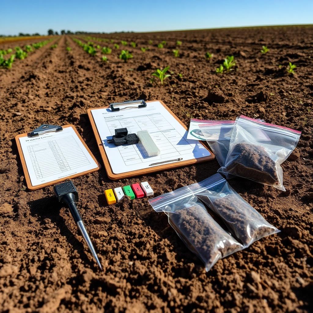 Professional soil testing equipment and sample collection in a rural field