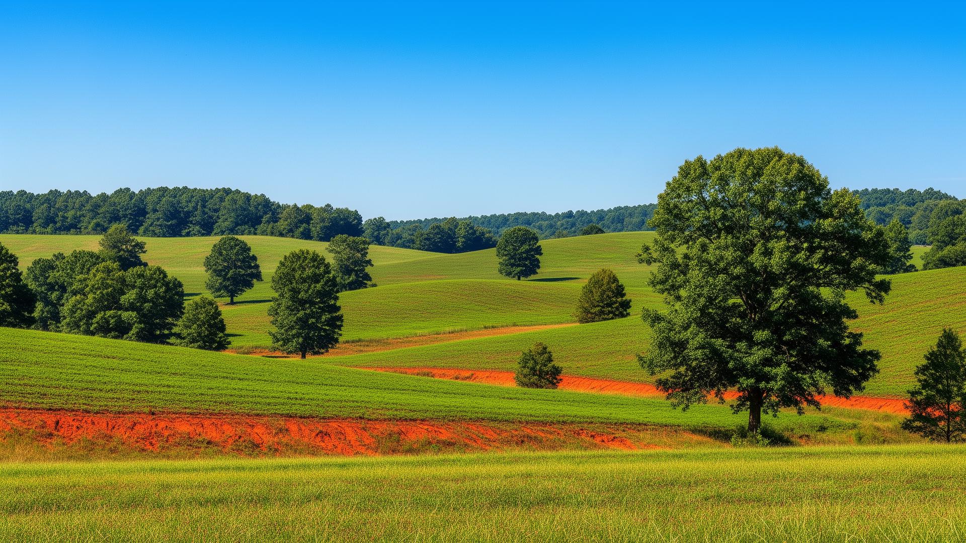 Rolling hills and farmland in Stanly County, North Carolina